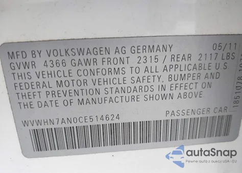 2012 Volkswagen Cc Lux from USA, damaged, VIN WVWHN7AN0CE514624